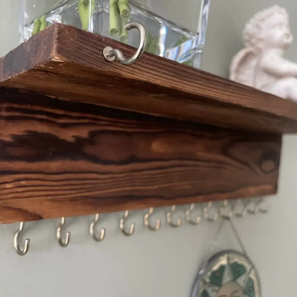Vintage Wall Shelf with 14 Hooks - Entryway Key Jewelry Organizer